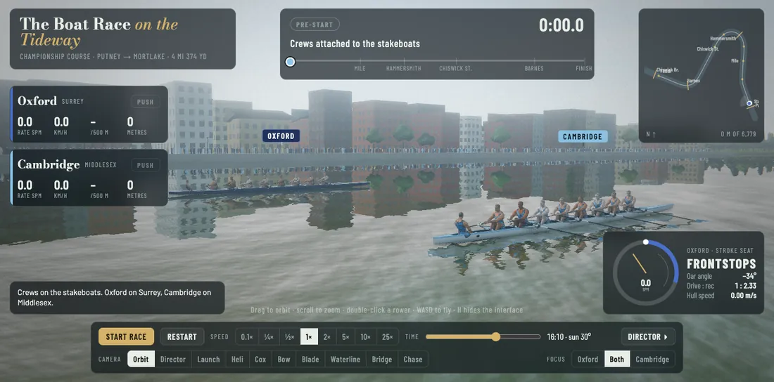 Oxford and Cambridge rowing crews on the Thames in Tideway Eights