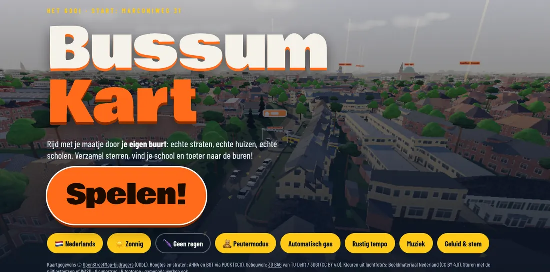 Bussum Kart title screen overlooking a 3D neighborhood