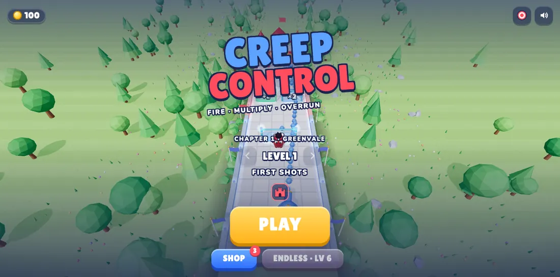 Colorful Creep Control title screen above a winding castle road