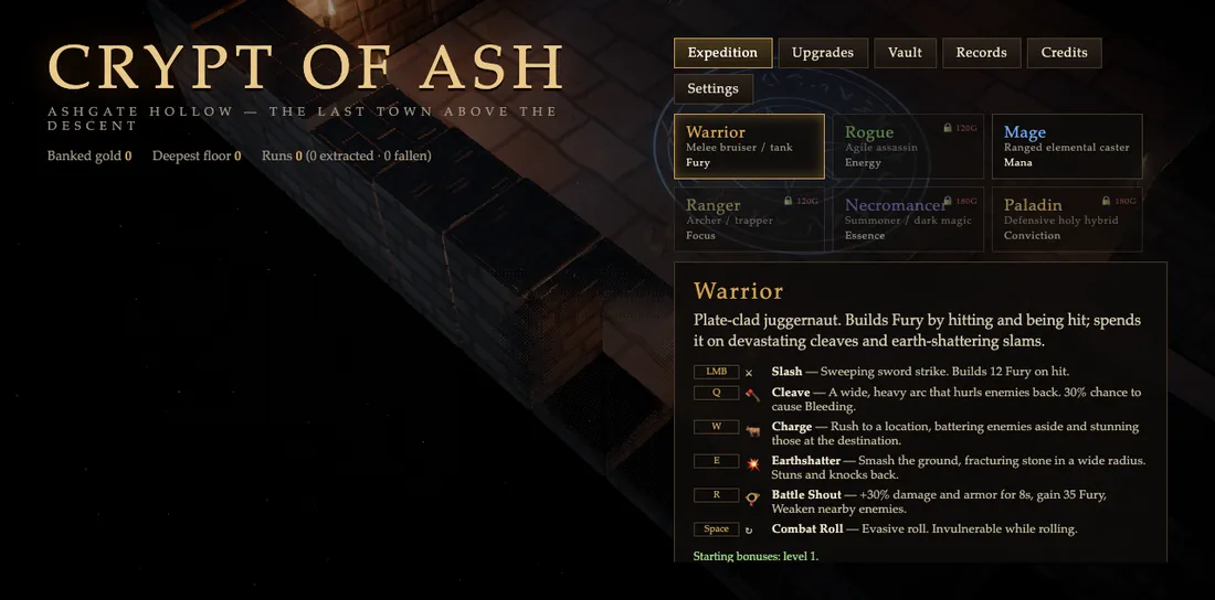 Dark stone dungeon and character selection in Crypt of Ash