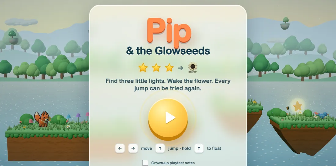 Pip the fox in a soft green illustrated platform world