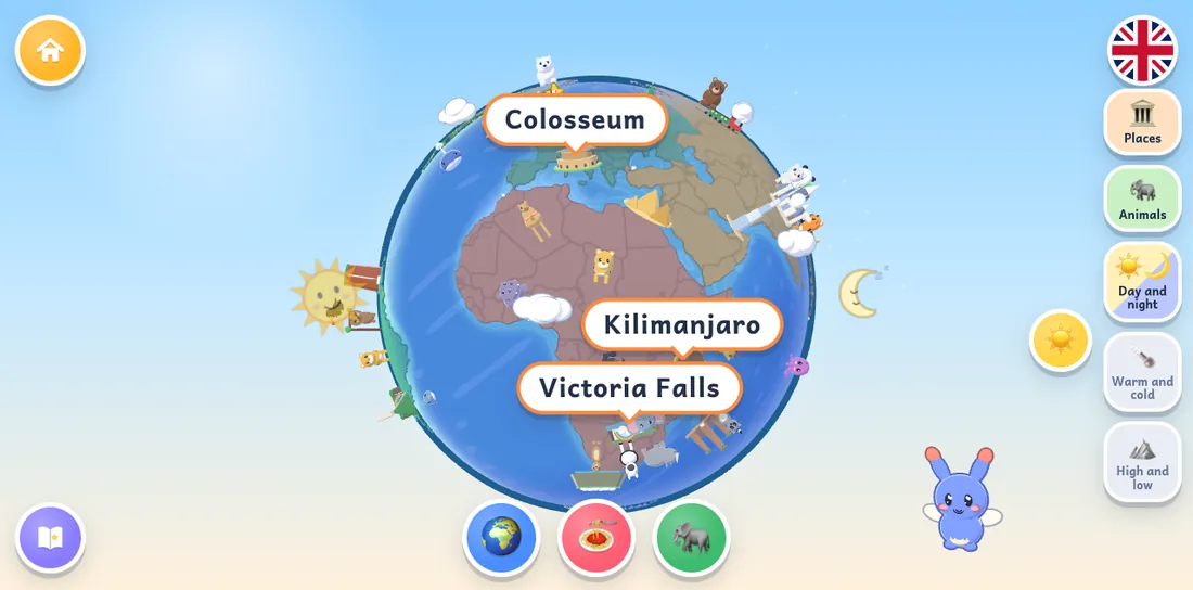 Colorful interactive globe with animals and place labels